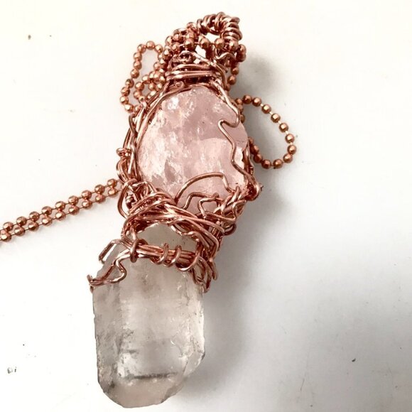 Rose and Clear Quartz Handmade Copper pendant Gemstone  Rose and Clear Quartz Handmade Copper pendant Gemstone Unisex Shamanic Healing